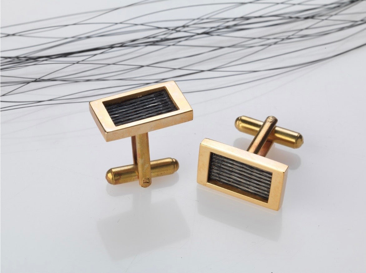 Woven Stories Ribbon Cufflinks in with handwoven black horse hair in the Pin Stripes pattern.