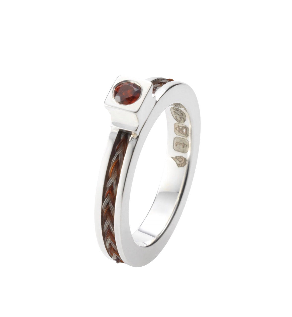 Forged sterling silver horse hair birthstone ring with mixed chestnut and grey square-braided horse hair, ruby and visible hallmarks.