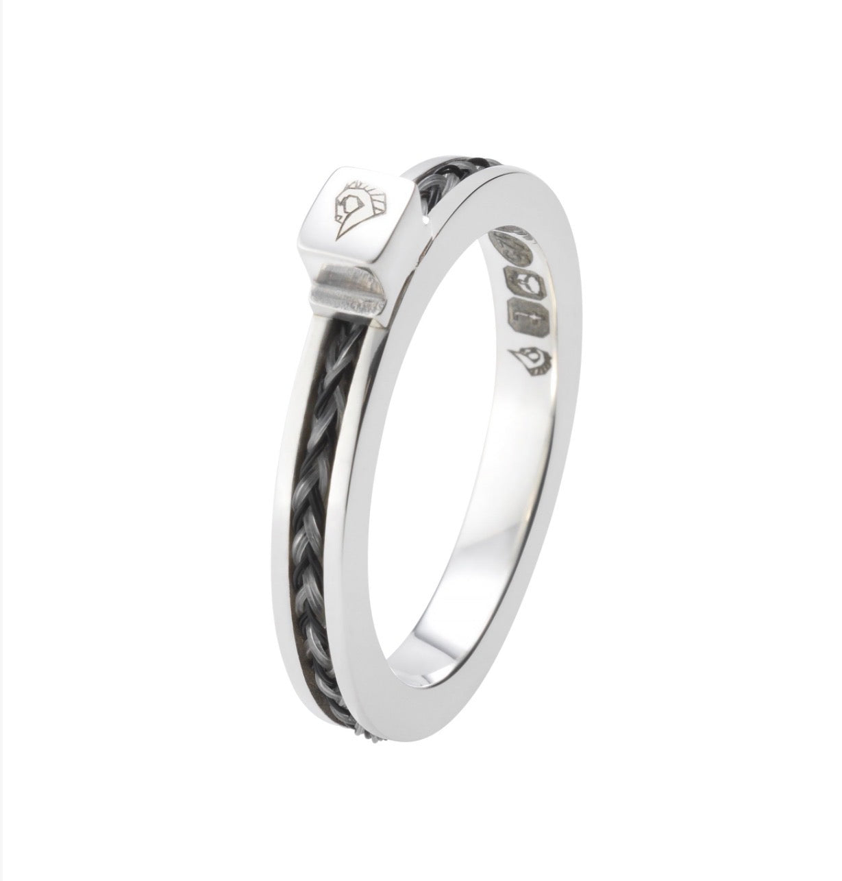 Forged sterling silver horse hair birthstone ring with black and grey square-braided horse hair, hallmarks and The Burnished Horse logo horse-head detail.