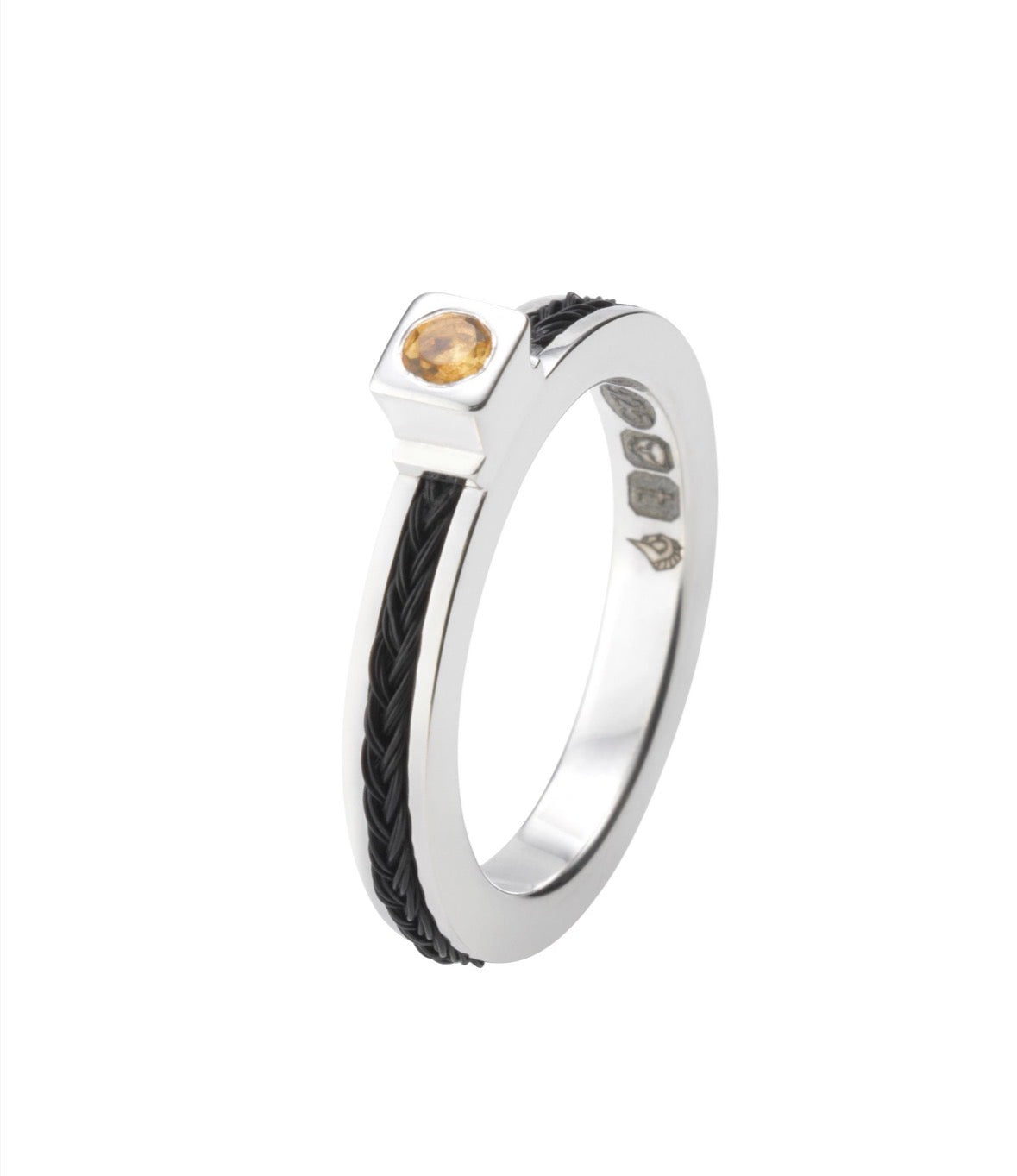 Forged sterling silver horse hair birthstone ring with black square-braided horse hair, citrine gemstone and visible hallmarks.