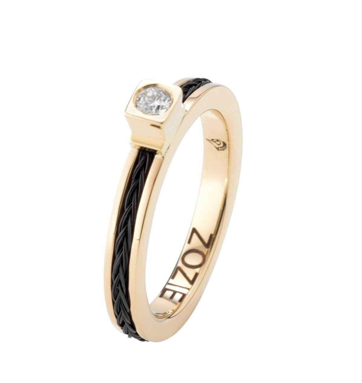 Forged yellow gold horse hair birthstone ring with black square-braided horse hair, diamond and personalised “ZOZIE” engraving.